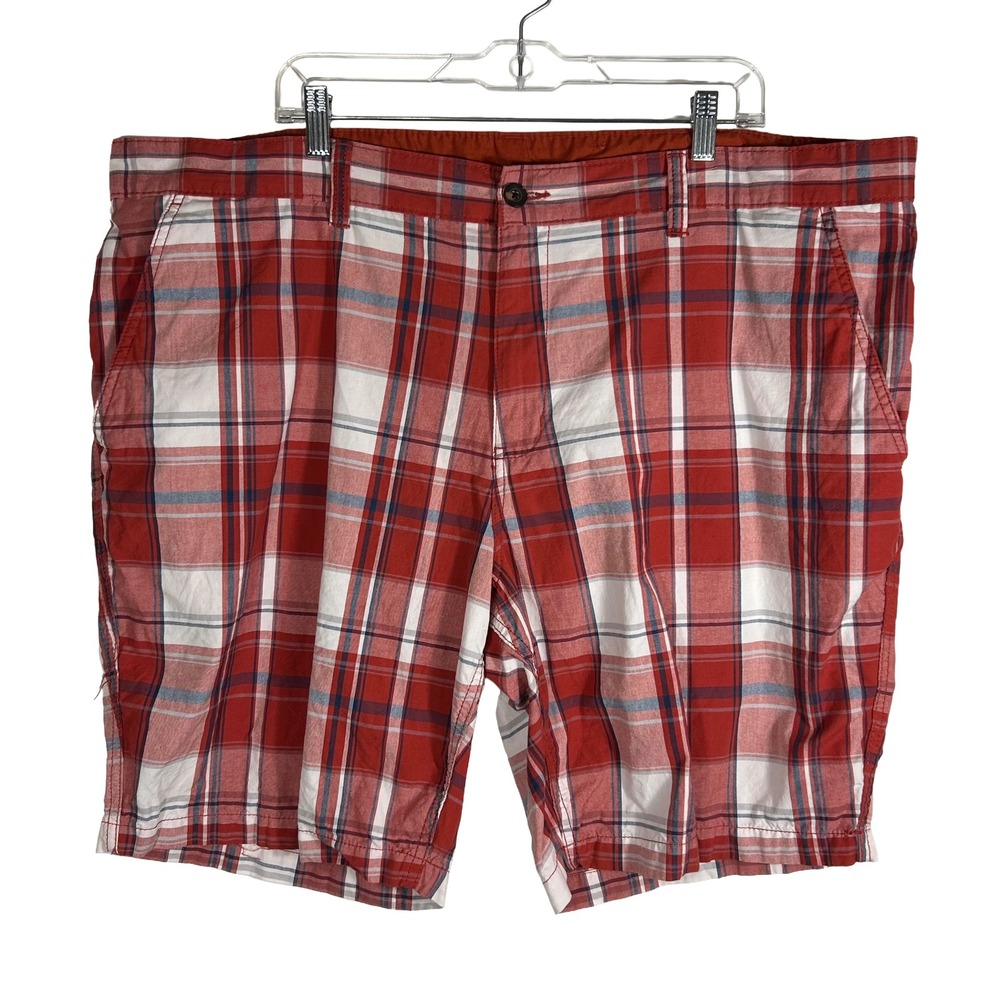 Faded Glory Mens Plaid‎ Shorts Red White Blue 100% Cotton Size 46 Flat Front
